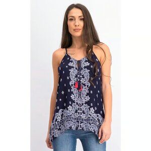 LUQ Top Rachell Tie Detail Halter Blue Paisley Sleeveless NWT